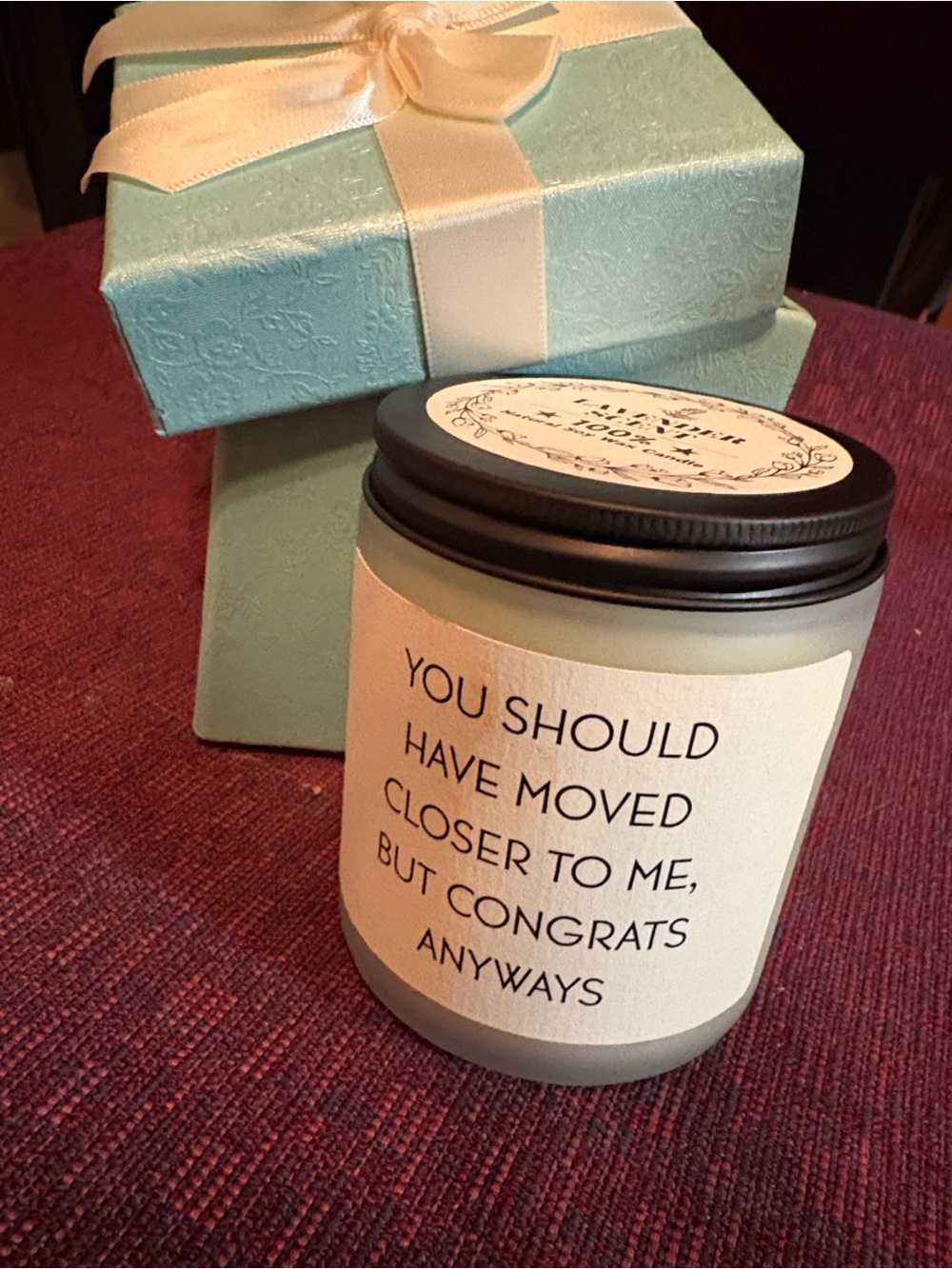 Candle for someone relocating- Lavender Scent- comes in gift box